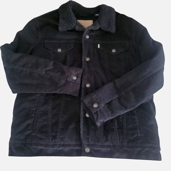 LEVI'S Premium Denim Black Corduroy Sherpa Lined Button Front Trucker‎ Jacket XL - Picture 2 of 9